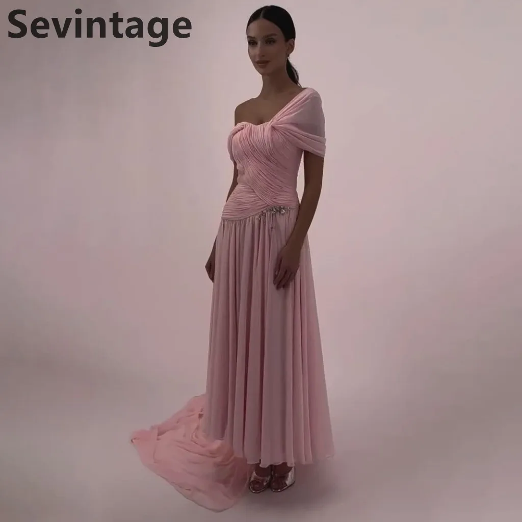 

Sevintage 2025 Maxi Evening Dress Pink A Line Chiffon Wedding Formal Prom Dress Dubai Party Gown Robe de soiree