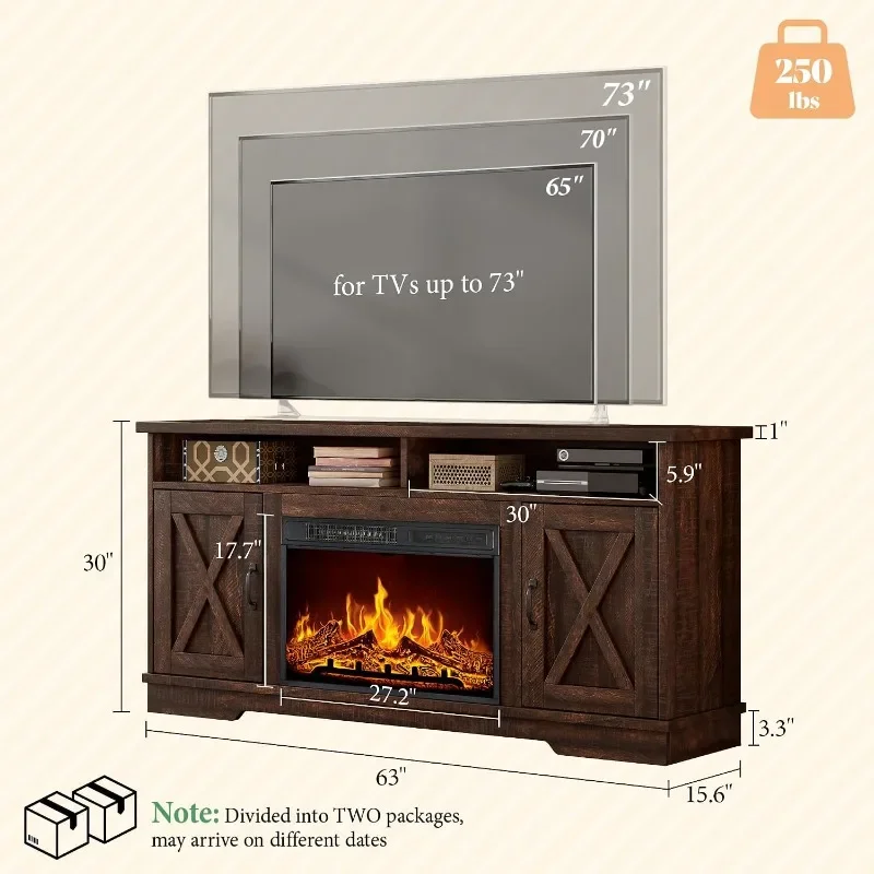 AMERLIFE Farmhouse TV Stand with  Fireplace, for TVs up to 73