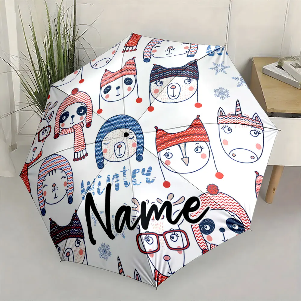 Custom Name Umbrella Winter Fun Characters Umbrella Design Print 8 Iron Ribs Folding Umbrella Auto-Open Fashion Sunshade