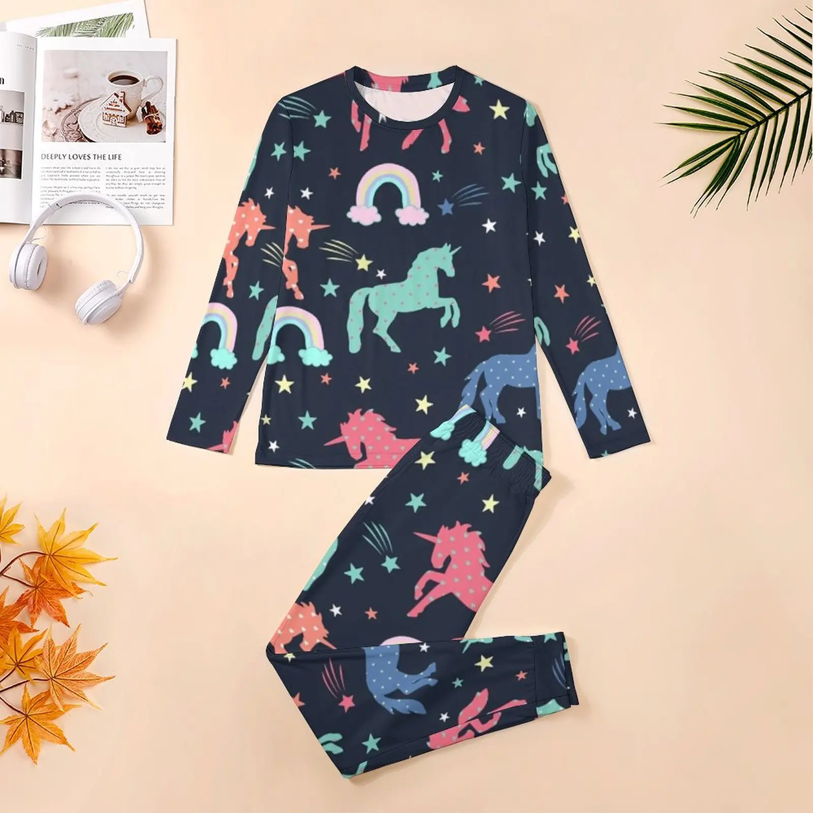 Cute Unicorn Pajamas Long Sleeves Rainbows Stars Print 2 Pieces Room Pajama Sets Winter Male Design Retro Big Size Home Suit