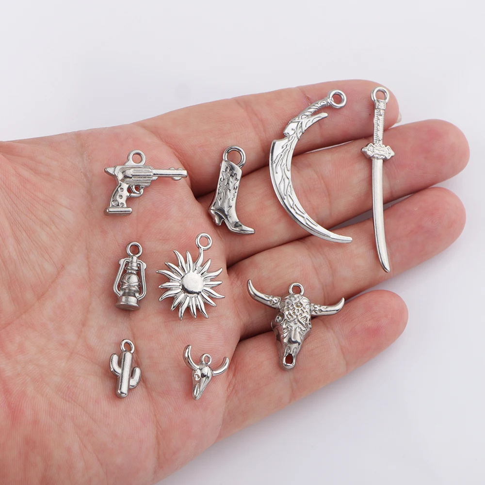 5pcs/lot Stainless Steel Bull Head Boots Lamp Pistol Knife Sword Cactus Sun Charms Cowboy Pendant for DIY Jewelry Making