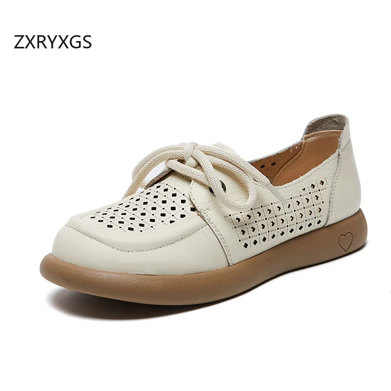 

ZXRYXGS Genuine Leather Hollow Lace-up Spring Summer Flats Breathable Sandals 2024 Popolar Elegant Comfortable Shoes Woman Flats