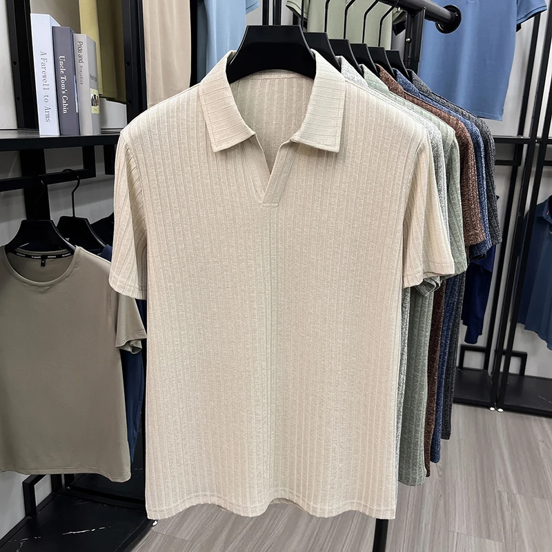 Herren Atmungsaktives Strick-Poloshirt Kurzarm V-Ausschnitt Gestreifter Stoff Bequem Leichtgewichtig Lässig Business Tägliche Kleidung – Detail 23