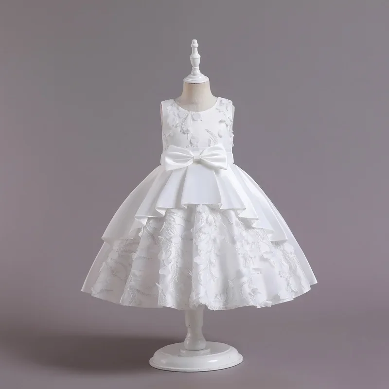 

Kids Sleeveless Princess Bow Decorated Dress Children Layered Ruffled Embroidered Skirt Girls Flowers Lace Overlay Formal Gown