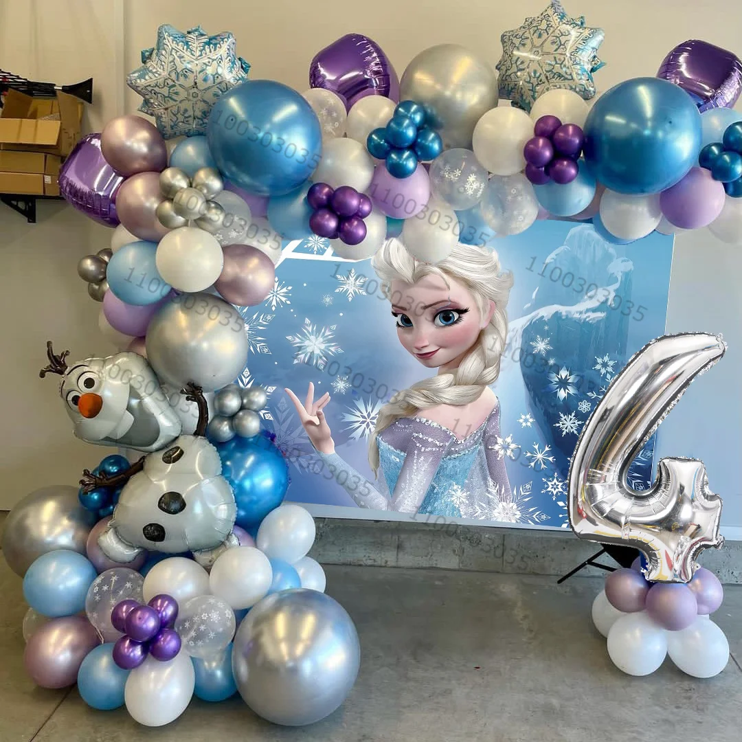 

97pcs Frozen Olaf Snowflake Aluminium Foil Balloons Garland Kit Purple White Latex Balloon Age 1-9 Kids Birthday Party Decors