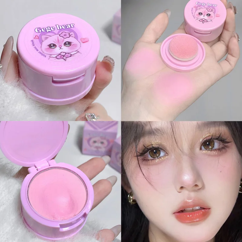 Strawberry Pink Face Blusher Matte Natural Cheek Tint Brightening Cosmetics Hachimi Cat Girl's Beauty Makeup Sponge Blush Mud