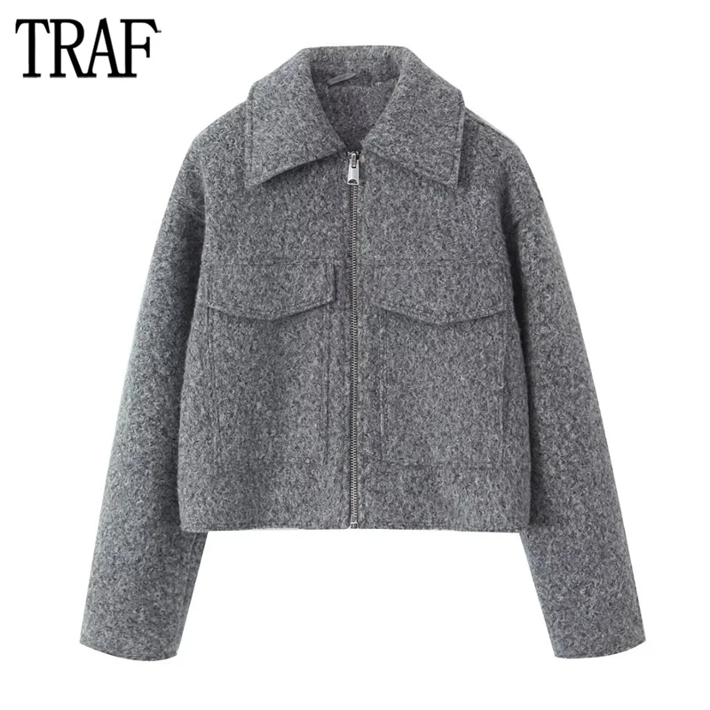 TRAF 2024 Tweed Cropped Jacket Women Grey Zip Oversize Jacket Woman Long Sleeve Casual Jackets for Women Streetwear Soft Coats