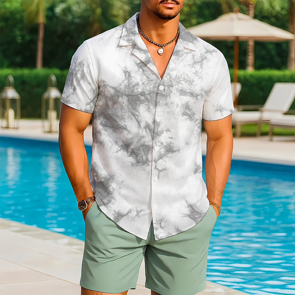 Fashionable Tie-dye Hawaiian Shirt With Retro HD Print Casual Breathable Comfortable Men's Clothing Travel Beach Gift Soft Tops