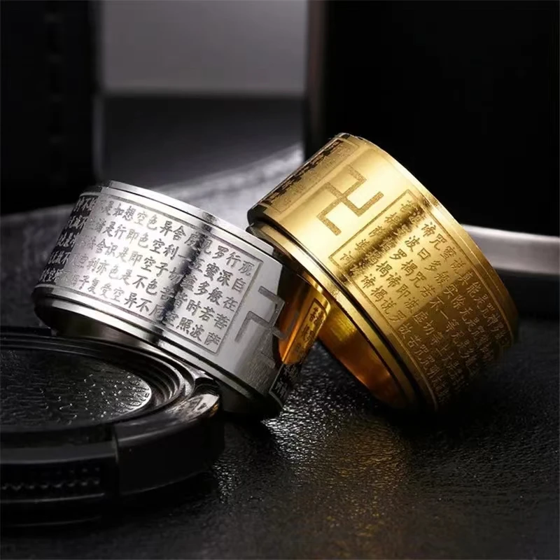 

Cool Stainless Steel Rotatable Buddhism Men Anxiety Fidget Ring Spinner Buddhism Heart Sutra Classic Believer Jewelry Wholesale