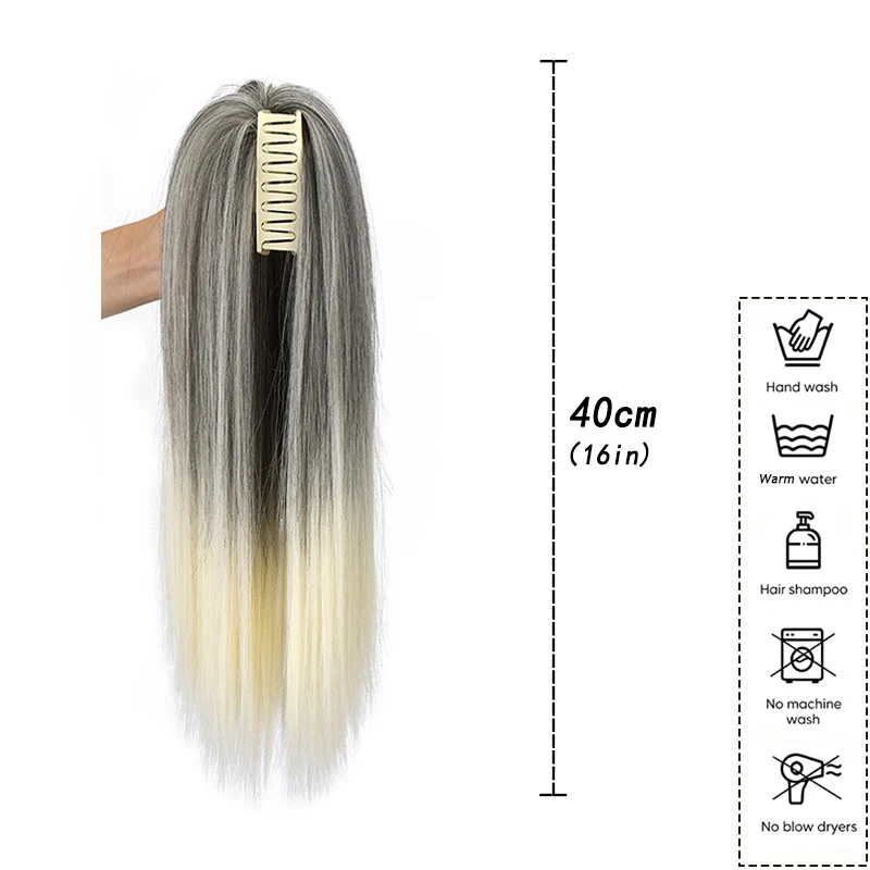 16Inch Women Straight Claw‑Clip Ponytail Synthetic High Temp Fiber Ponytail Hairpiece Simple Installation for Party Daily Kpop
