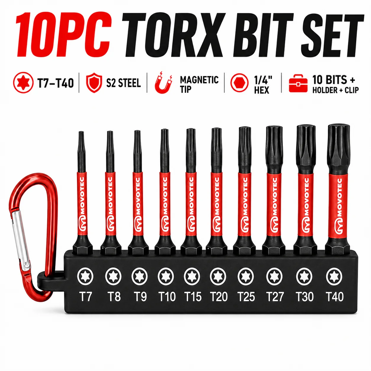 10-Piece Set of Magnetic Torx Bits, T7-T40 Full Range of Sizes, S2 Steel 1/ 4inch Hex Shank, with Portable Storage Base and Hanging Hook, Suitable for Electric Drills, Ratchets, Car and Bicycle Repairs