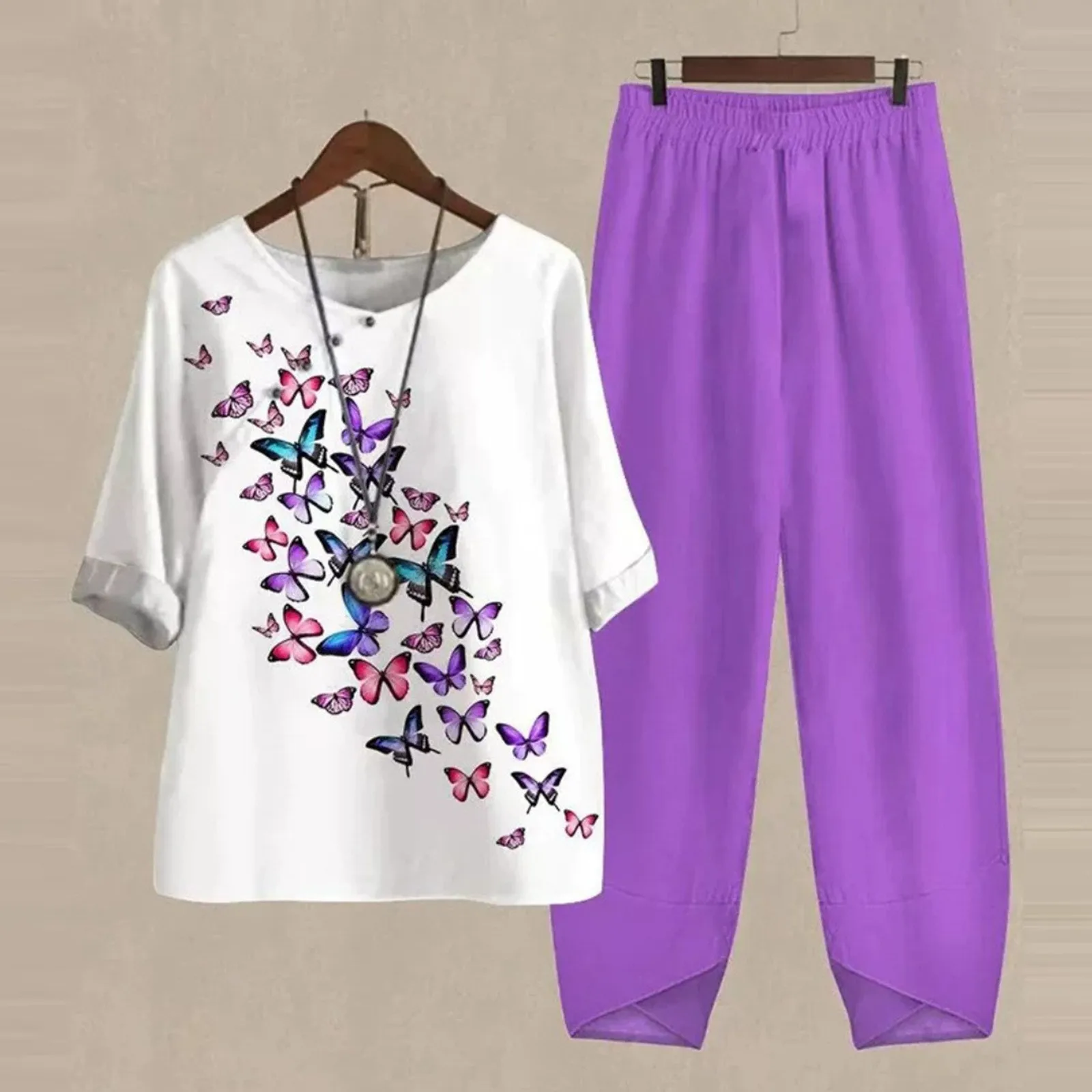 New Floral Print Element Short Sleeve Pants 2-Piece Breathable 2024 Woman Vintage Middle-Aged Button T-Shirt Summer Outfits 2024