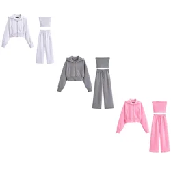 PB&ZA 2024 Spring New Women's Fashion and Elegance Versatile Hooded Short hoodie+suspender+loose flannel jogging pants set