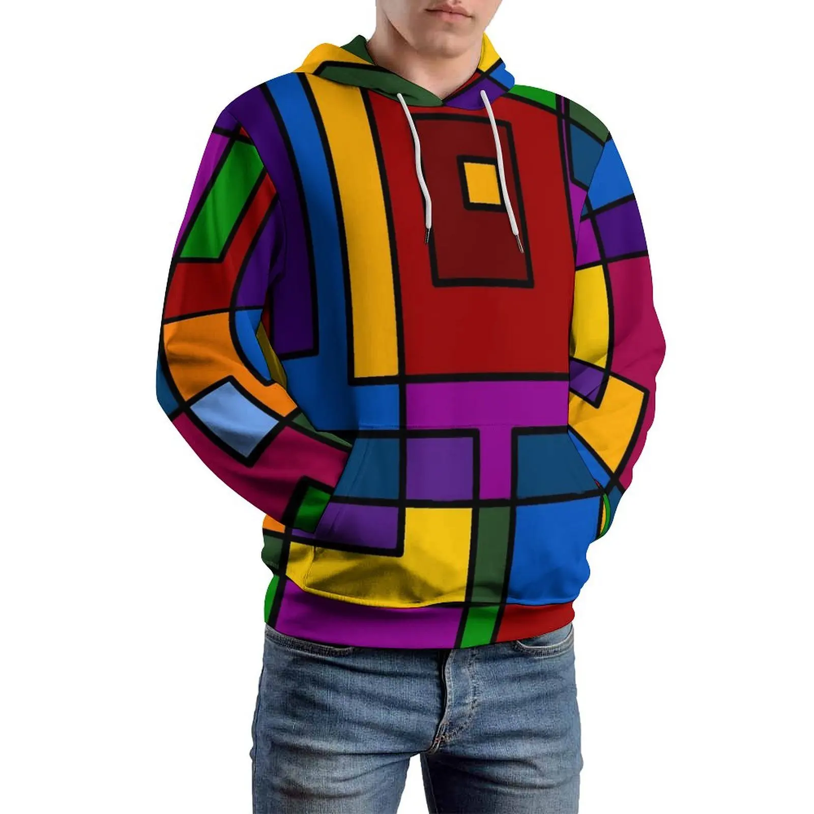 De Stijl Inspired Loose Hoodies Abstract Art Hip Hop Pullover Hoodie Men Long-Sleeve Oversized Streetwear Graphic Sweatshirts