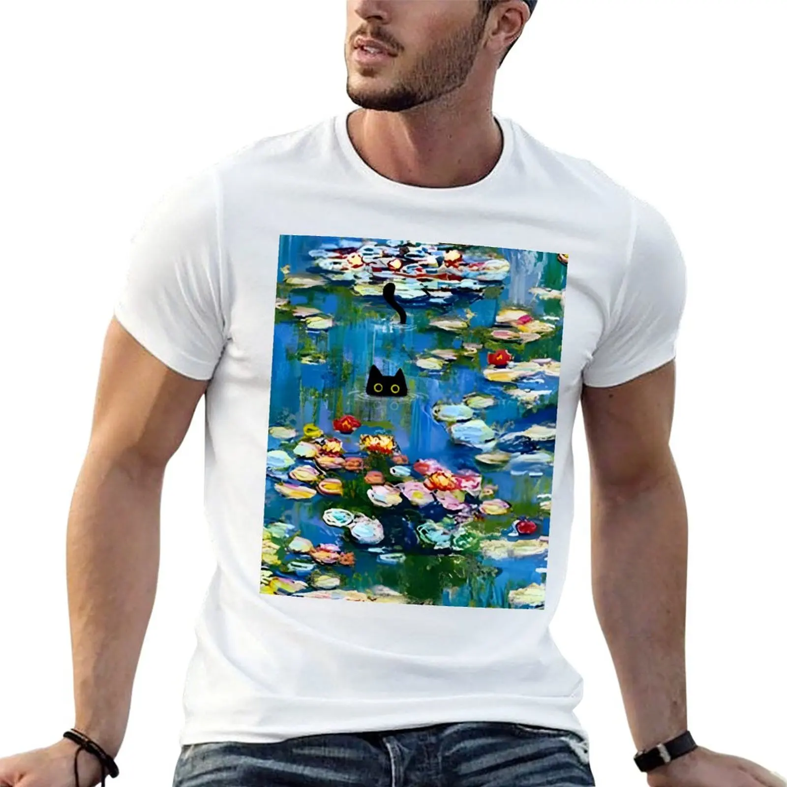 

Хлопковая футболка с котом, хлопок Monet, 100% мужская рубашка, мужская футболка Waterlily, 100%