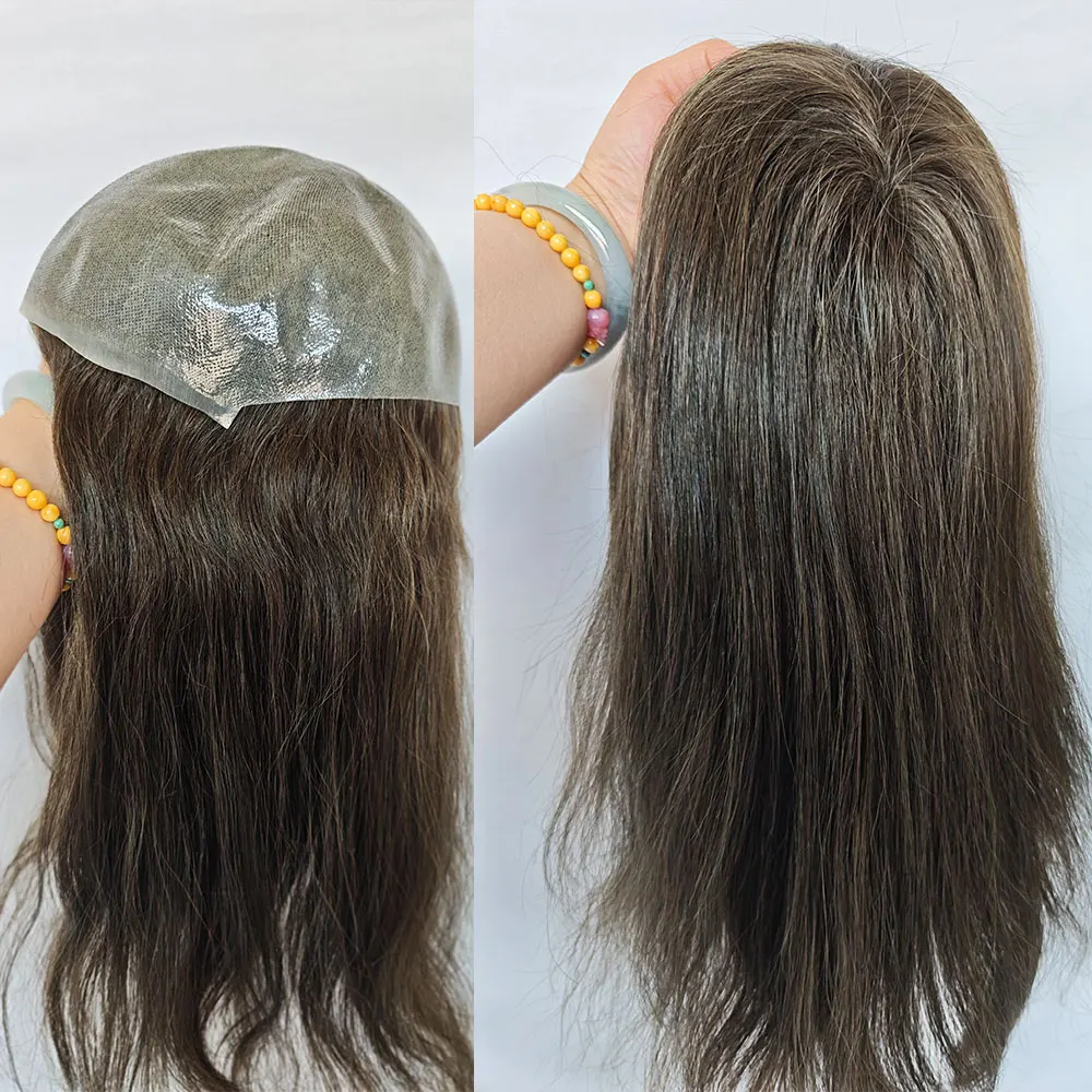13Inch Long Human Hair Wigs Topper for Women and Men Full PU Base 8x10Inch Straight Middle Brown Hair Piece Replacement System