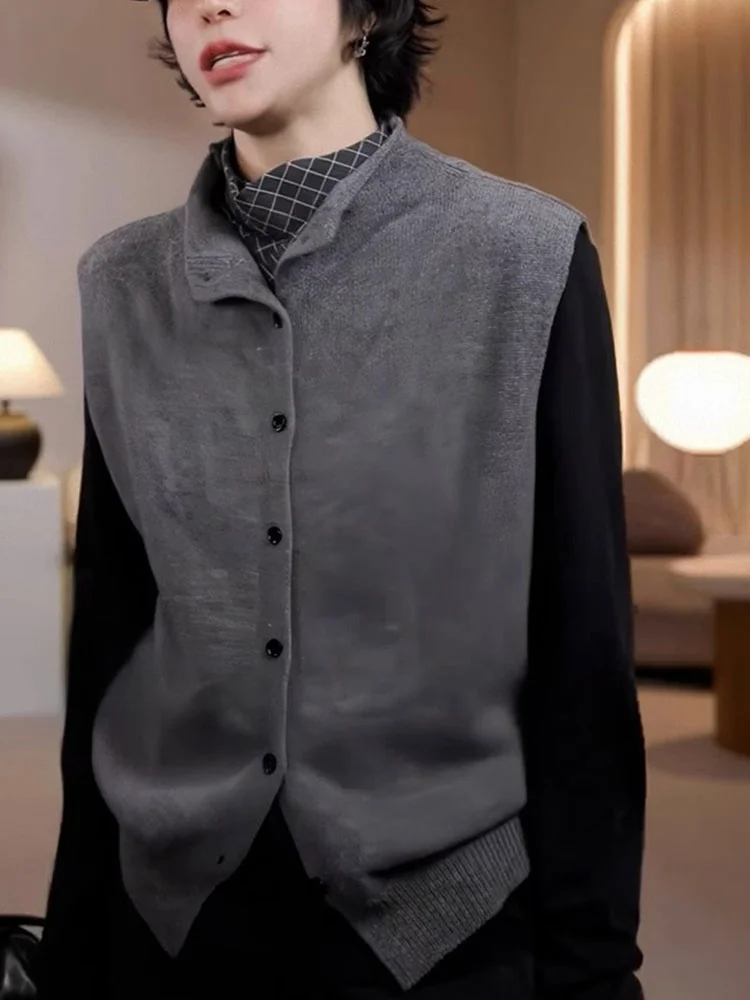 

Ele Deep ey Svel Knitted Vest Casual Commute Top Unique Sle Korean Faion Poet Lin Brand Button Detail Pure Color