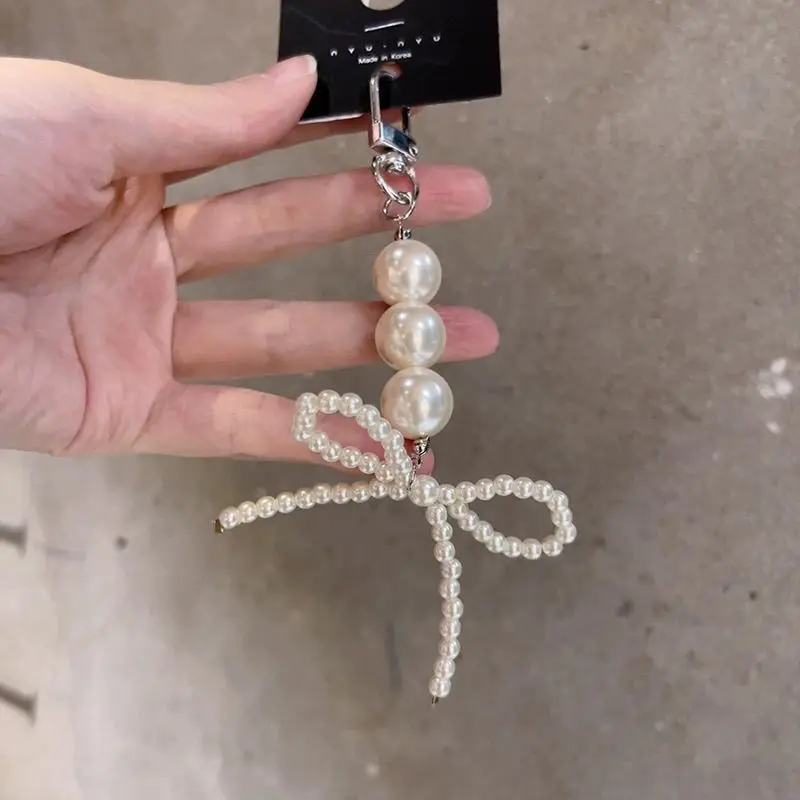 New Pearl Bow Keychain,Pearl Crystal Glass Beaded Mobile Phone Chain,Women Gir String Keychain Pendant,Bag Chain Ornaments