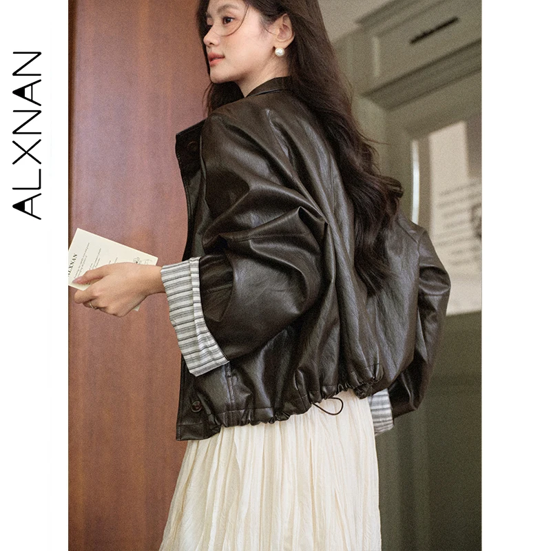 ALXNAN 黒革ジャケット女性ショートカジュアルヴィンテージストライプコントラスト袖口ジャケット 2025 秋防風ジャケット女性 L57929