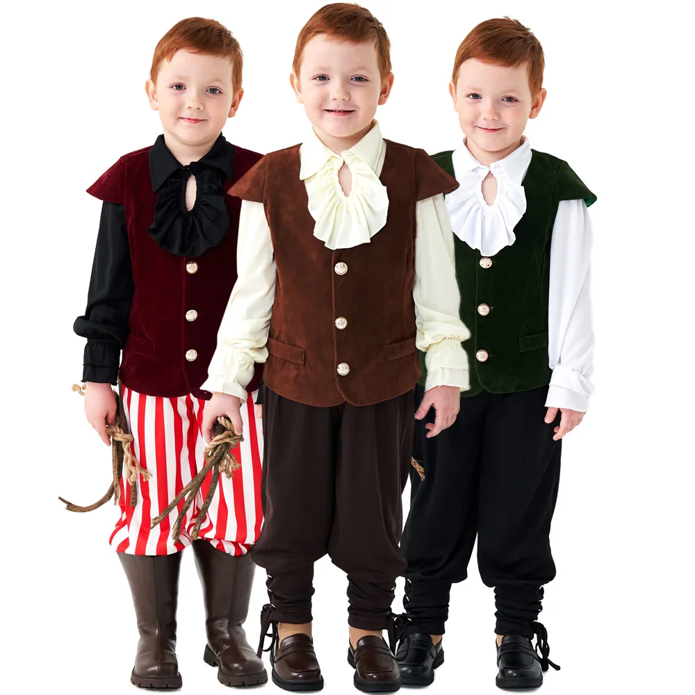 Boys Vampire Medieval Pirate Knight 3Pcs Sets Ruffles Shirt Vest Pants Halloween Stage Performance Outfits Carnival Fantasy Sets