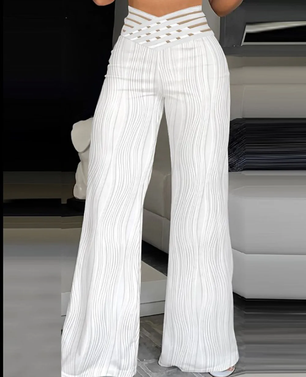 

Elegant High Waist Wide Leg Pants For Women Spring Autumn Pure Color Slim Hollow Out Elasticity Pant White