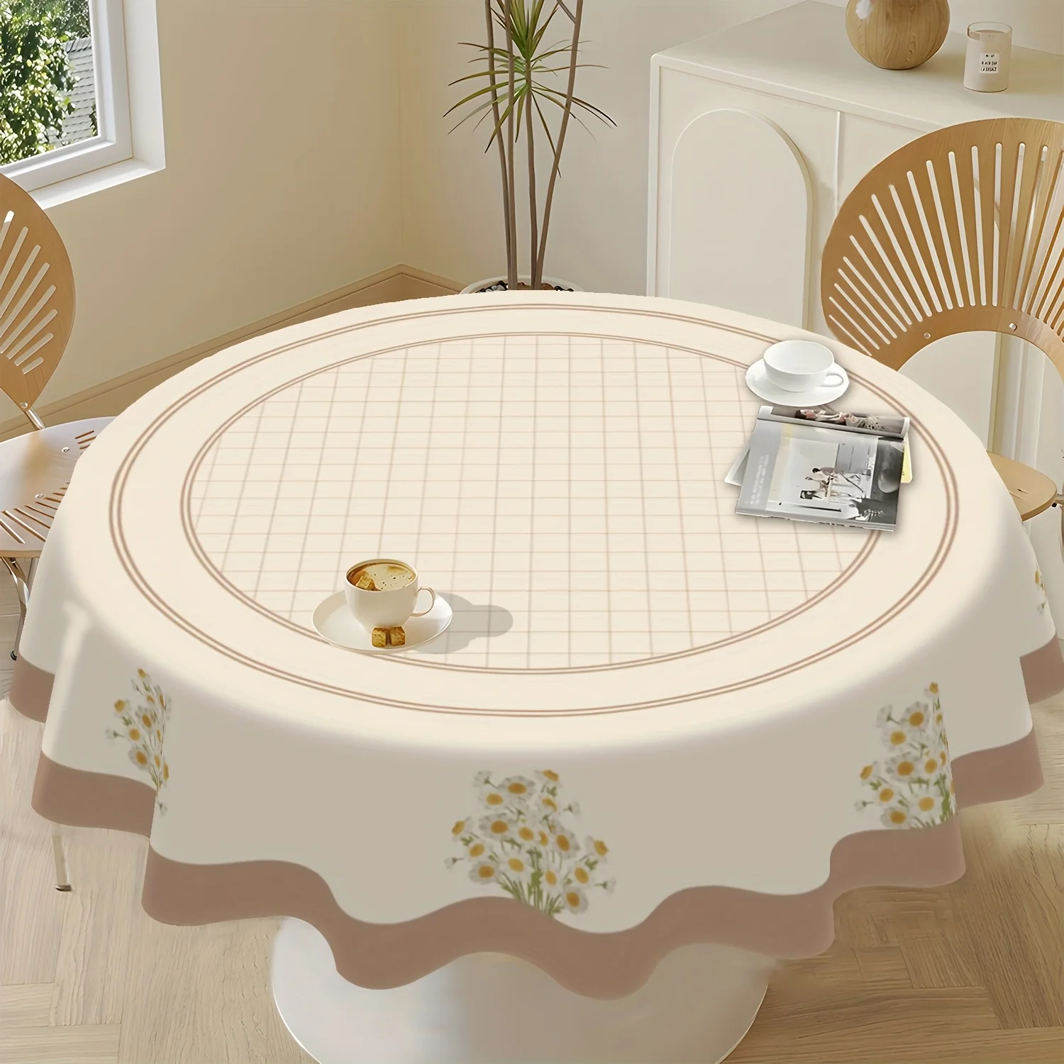One elegant sunflower and checkered pattern round tablecloth, 62 inches long