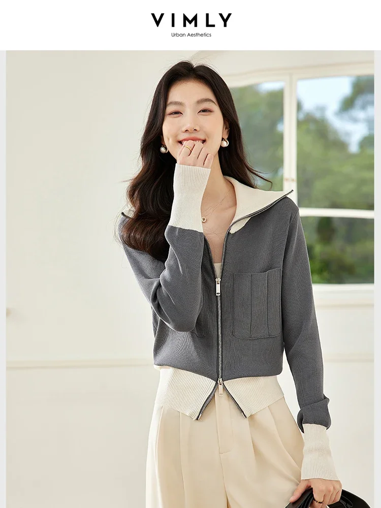 

VIMLY Women's Office Lady Knit Cardigan Coat Autumn Long Sleeves Lapel Loose Sweater Contrast Colors Elegant Fashion Tops Jacket