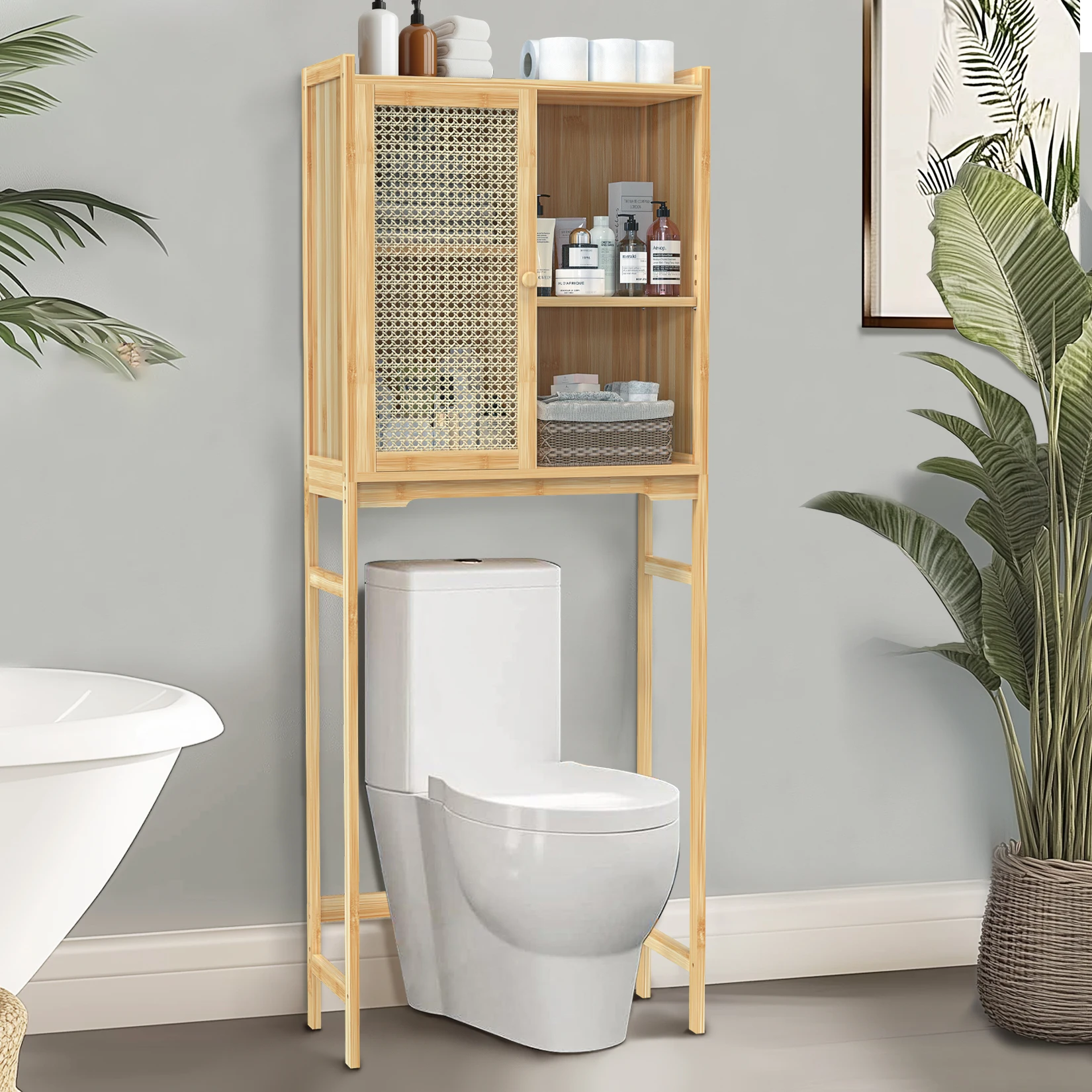 Natural Bamboo Bathroom Cabinet Over The Toilet Storage Shelf Cabinet Freestanding