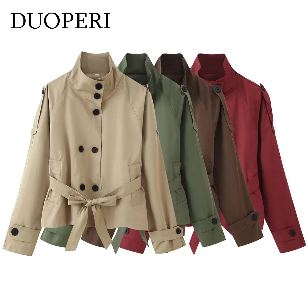 

DUOPERI женский двубортный плащ с поясом, повседневная куртка с высоким воротом и длинными рукавами, женские элегантные шикарные женские наряды