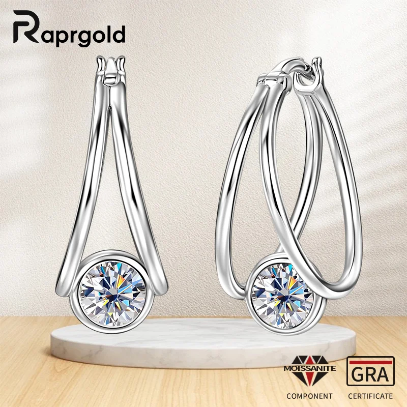 RAPRGOLD 0.5CT Round Moissanite Solitaire Split Hoop Earrings for Women 925 Sterling Silver Earring Fine Jewelry Gift Pendientes