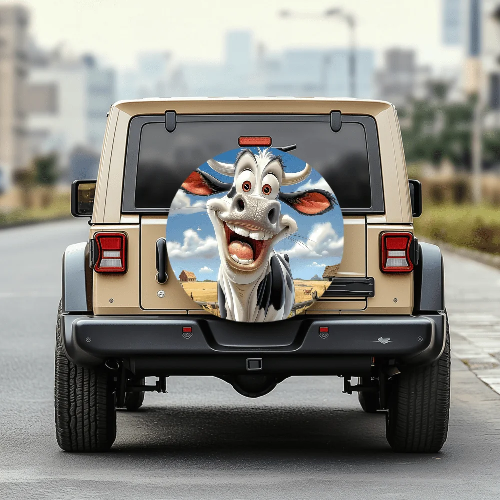 Cute Cartoon Cow Pattern 30/34 Inch Multi-Functional Tire Cover, Suitable For Jeep, Trailer, RV, Off-Road Car, Truck, Camper And