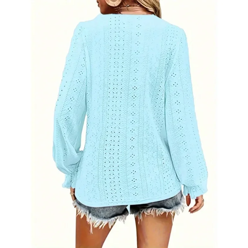 Camiseta de manga larga para mujer, jersey de Color sólido con tres botones delanteros y cuello en V a la moda, talla grande 1XL-5XL