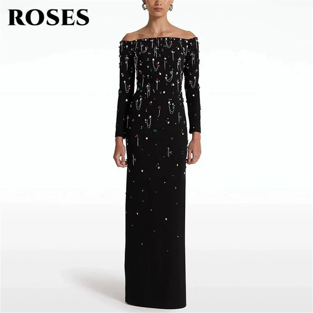 ROSES Black Prom Dress Boat Neck Zipper Back Celebrity Dress Beading On Chest Women's Evening Dress for Gala Straight Customized