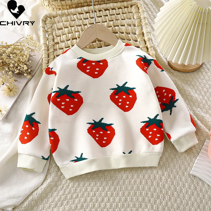 

New Autumn Winter Kids Thicken Sweater Baby Boys Girls Round Neck Pullover Cartoon Strawberry Knitted Warm Jumper Sweaters Tops