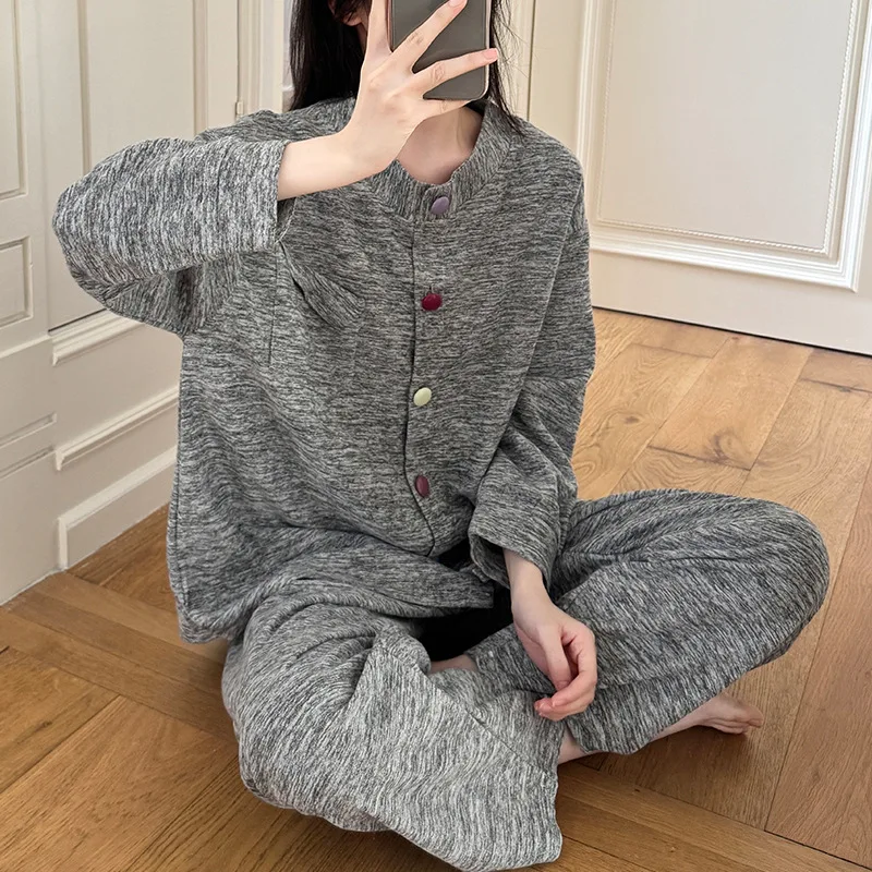 Autumn Winter Girls Student Loose Cardigan Long Pants Sleeve Set Ladies Plush Pajamas Women Homewear Casual Home Clothes Lady