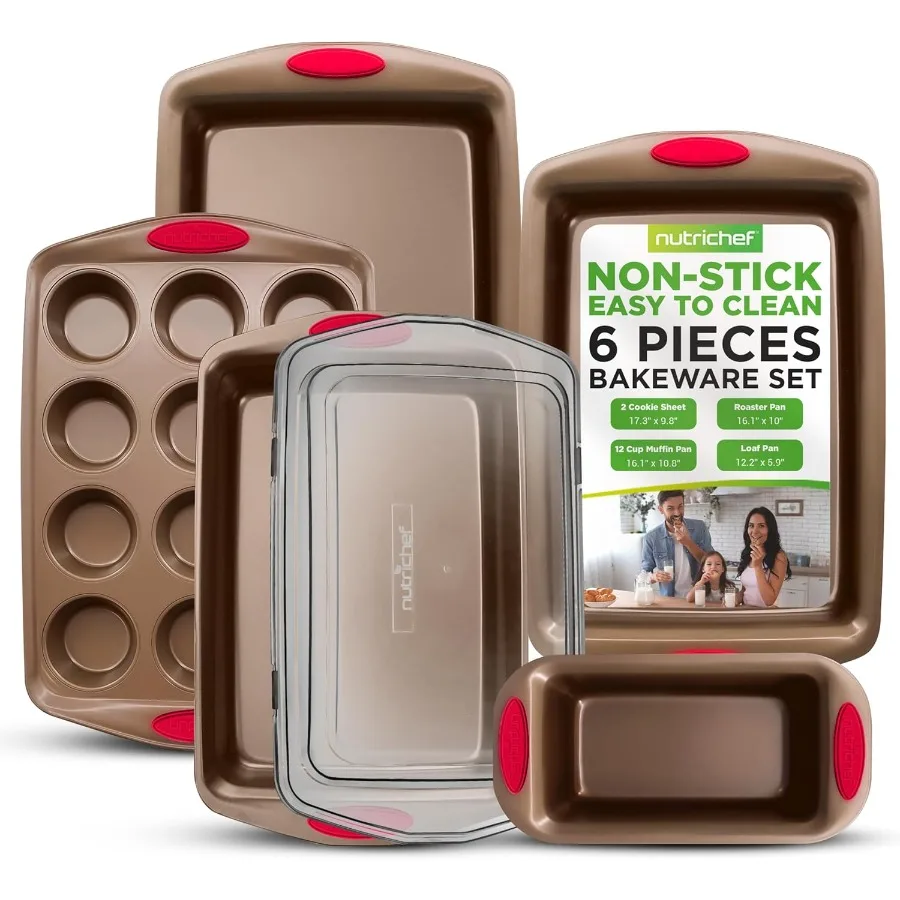 

6Piece Bakeware Set Carbon Steel Stackable Bakeware with Red Silicone Handles and Nonstick Coating Includes Cookie Sheets Roast