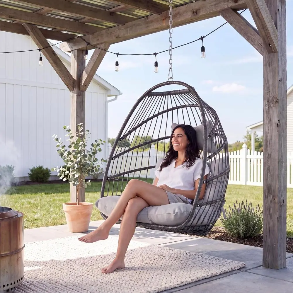 Comy Egg Chair without Stand Indoor Outdoor, Patio Wicker Hanging Swing Egg Shell Chairs No Stand, 350lbs acity Sturdy Swing Ham