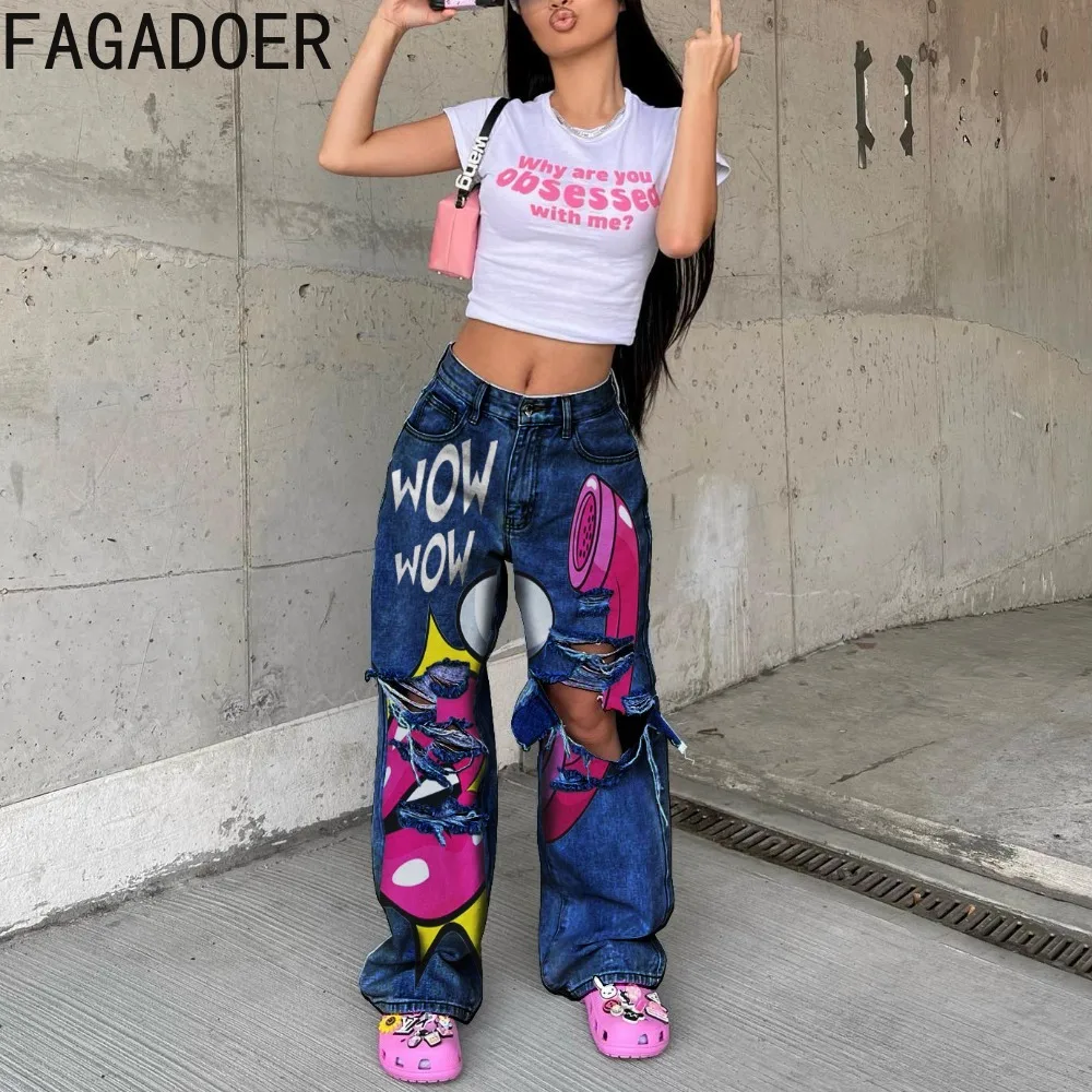 FAGADOER-pantalones de mezclilla con estampado de bolsillo para mujer, ropa de calle de moda Y2K, pantalones de pierna ancha con agujeros, pantalones de vaquero femeninos informales