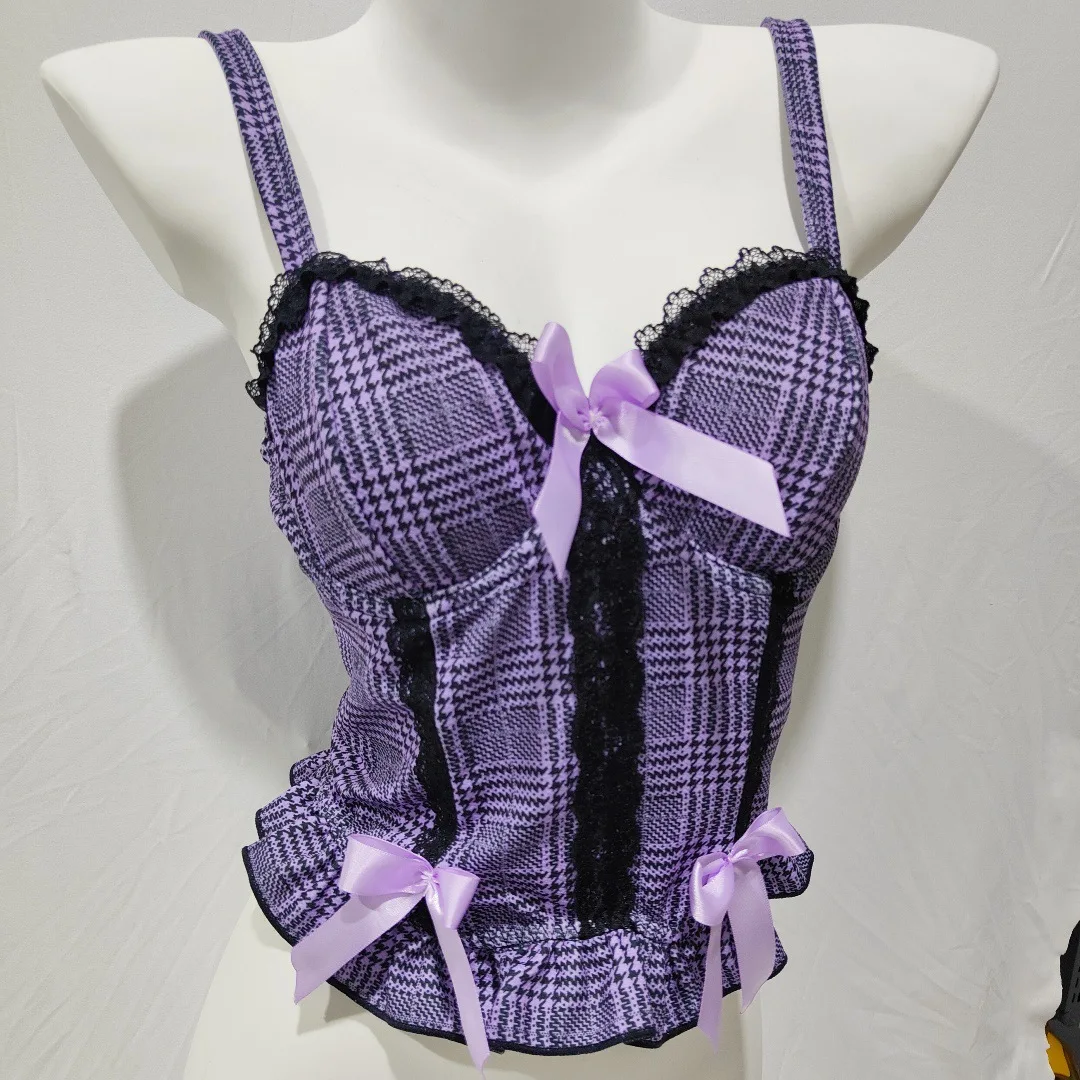 New purple checkered lace patchwork bow decoration sexy bandeau top vintage bandeau corset trendy original street style retro