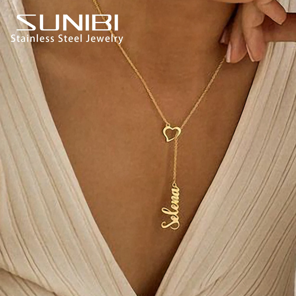 SUNIBI Name Custom Necklace for Women Personalized Heart Clasp Stainless Steel Necklace Women\'s Jewelry Gifts Support Wholesale