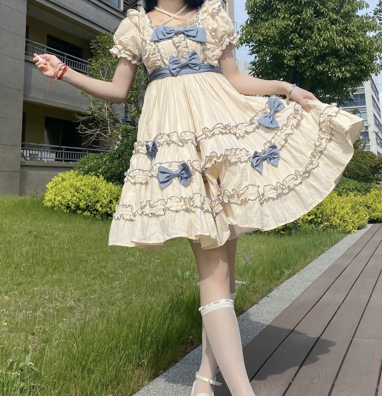 Lolita Elegant French Holiday Evening Princess Dresses Women Sweet Bow Lace Puff Short Sleeve Ruffled Pleated Dress Summer Dress