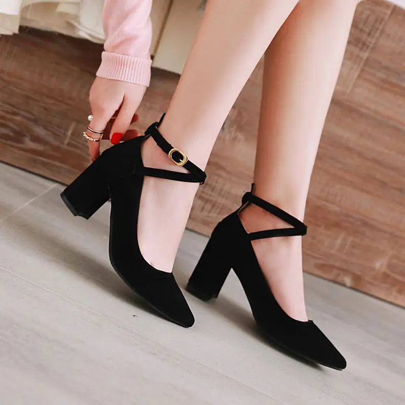 

SIMLOVEYO 2026 Mary Janes Women's Pumps Pointed Toe 7cm Chunky Heels Buckle Strap Big Sizes 41-43 Fashion Dating Wedding Shoes