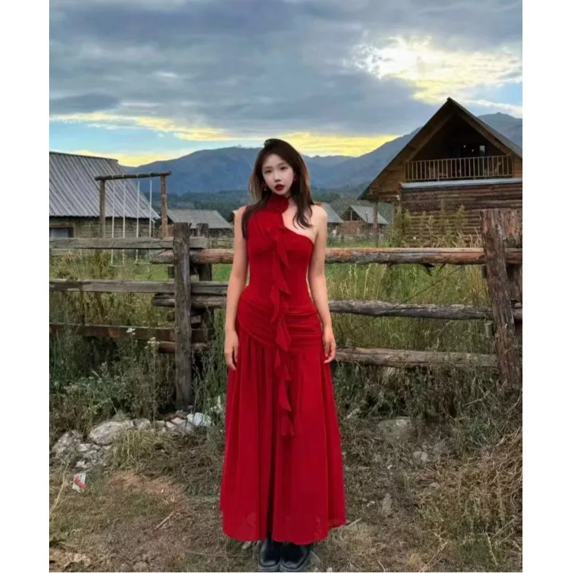 

Red Flower Print Asymmetrical Hem Svel Dr Women's Desert Prairie Beautiful Holiday Long Dr Pure Desire Waist Cinc...