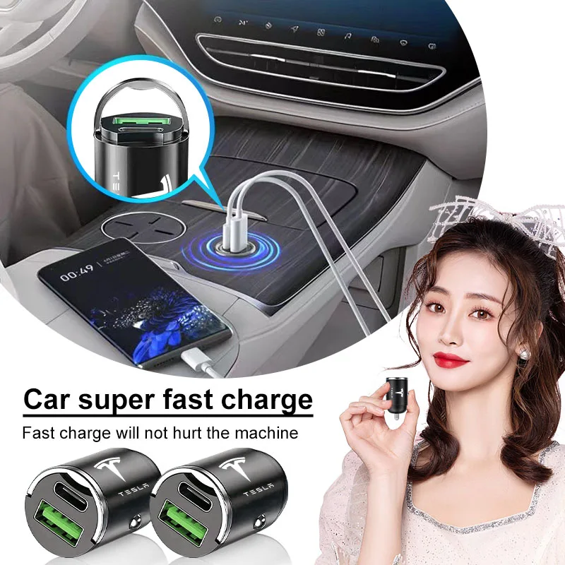 1PCS Car Charger USB Type-C Fast Charging Power Adapter Car Styling For Tesla Model Y 3 S X Roadster Bonina Badge Emblem Auto