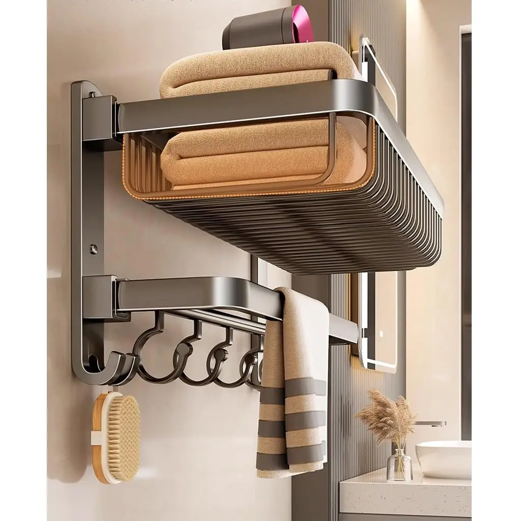 Lengthen(60-70cm) Aluminum Towel shelf Bathroom Storage Rack Double Folding Towel Holder Organizer Bathroom Shelf