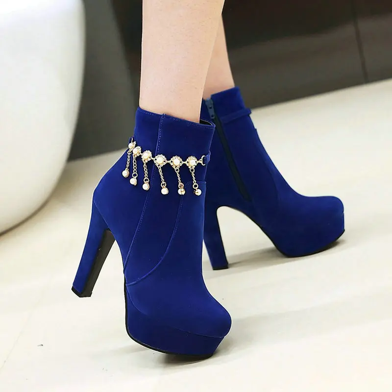 

Velour Velvet Blue Rose Red Elegant Women Pumps Shoes with Peals Fringes Thick High Heels Platform Ankle Short Boots Big Size 45