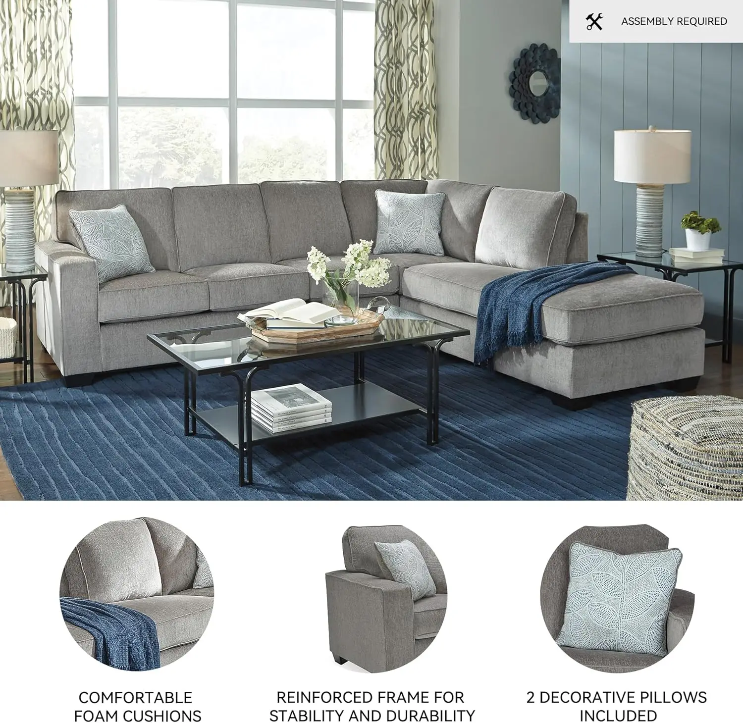 Sofa modułowa Altari Urban z leżanką, z poduszkami na siedzisko, 2 poduszki dekoracyjne i funkcja rozkładania na łóżko z pamięcią kształtu.