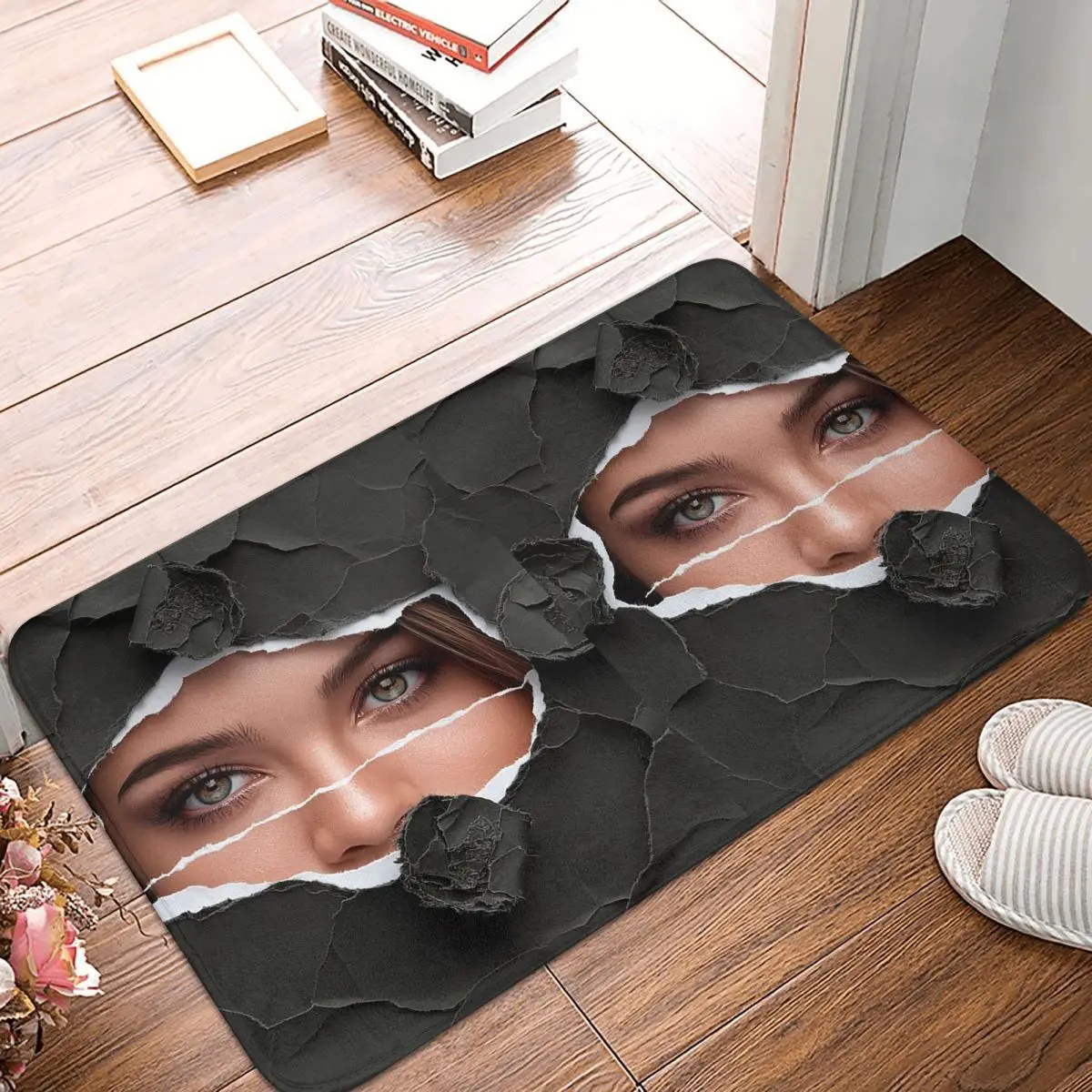 Mysterious Woman's Eyes Behind Ripped Paper Non-slip Doormat Floor Mat Carpet Rug for Kitchen Bathroom Living room Footpad Mats