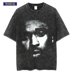 Men Hip Hop T Shirt Streetwear Rap Star Portrait Printed T Shirt 2022 Harajuku Washed Short Sleeve Distressed Oversized T Shirt