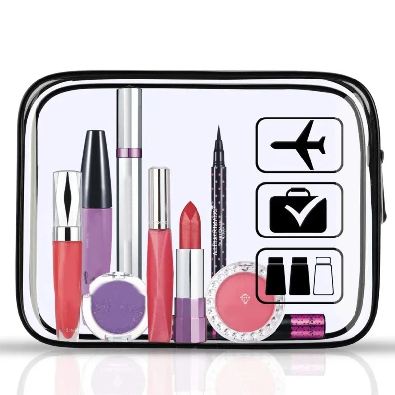 

Black Transparent Travel Cosmetic Bag Fashion Waterproof PVC Toiletry Bag New Makeup Bag Portable Clear Zipper Wash Bag Vintage